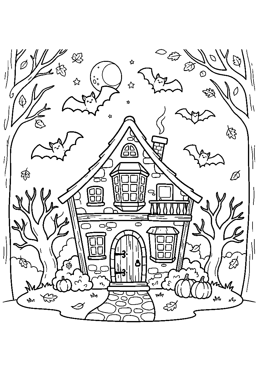 cute haunted house with bats in autumn forest line art
