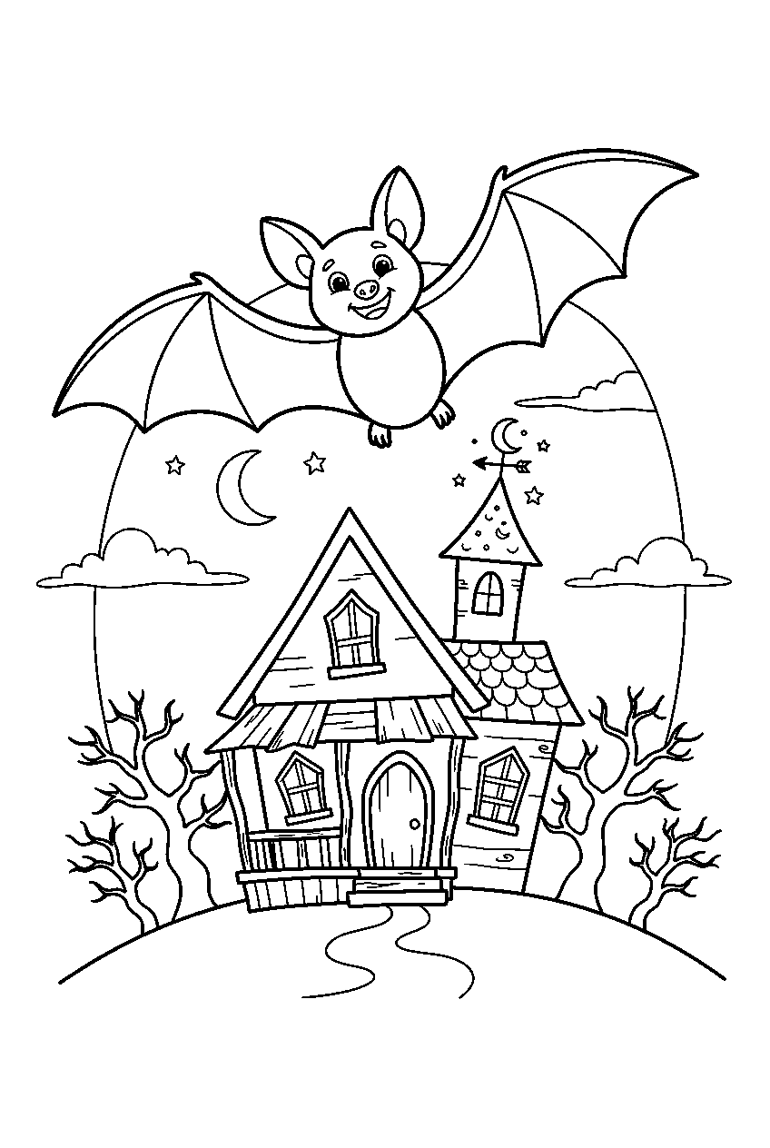 halloween bat flying over haunted house line art