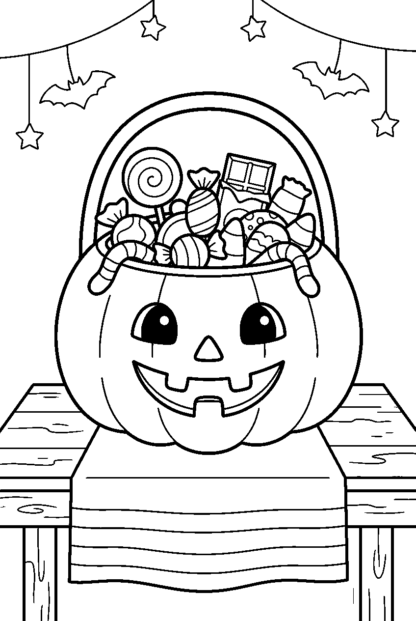halloween candy in pumpkin basket on party table line art