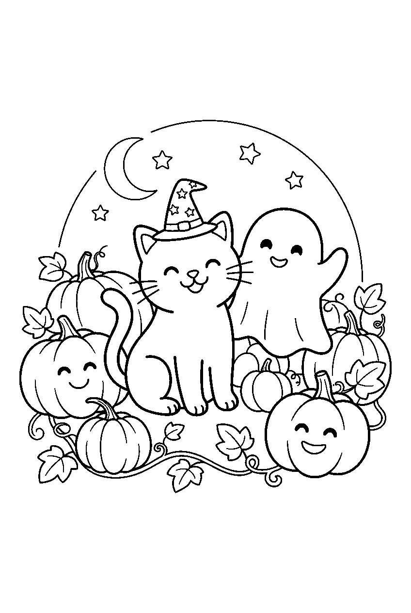 halloween cat and ghost in pumpkin patch line art