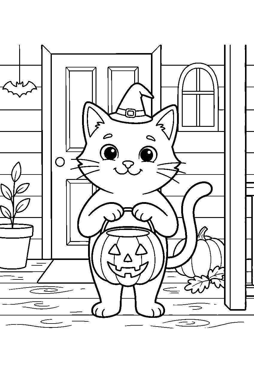 halloween cat holding candy bucket at front porch line art
