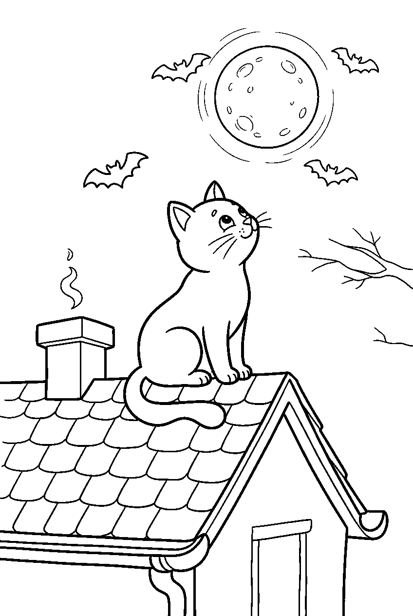 halloween cat watching bats from moonlit rooftop line art