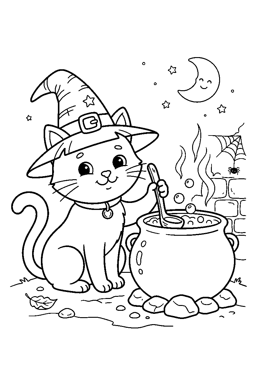 halloween cat wearing witch hat beside cauldron line art