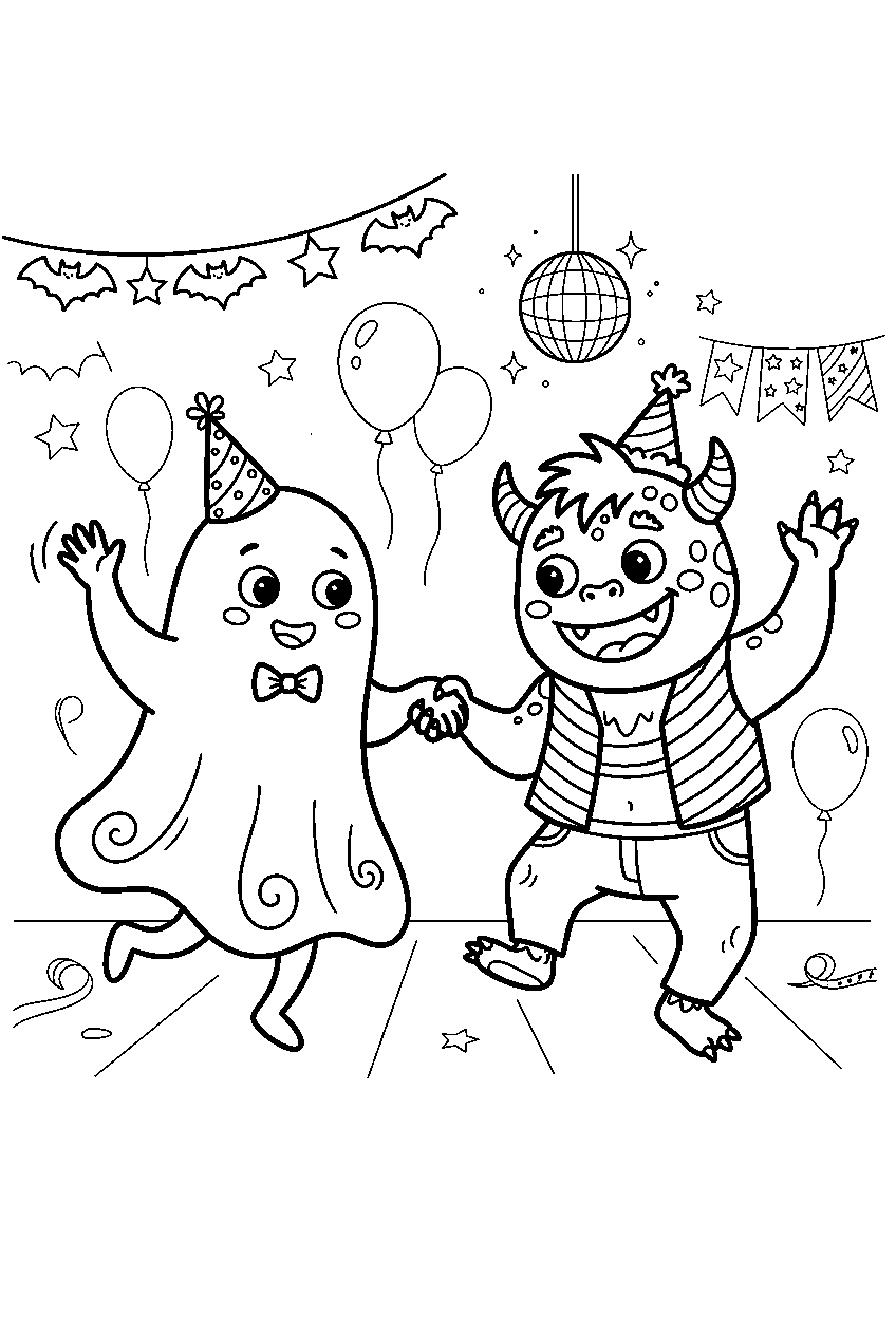 halloween ghost and monster dancing at costume party line art
