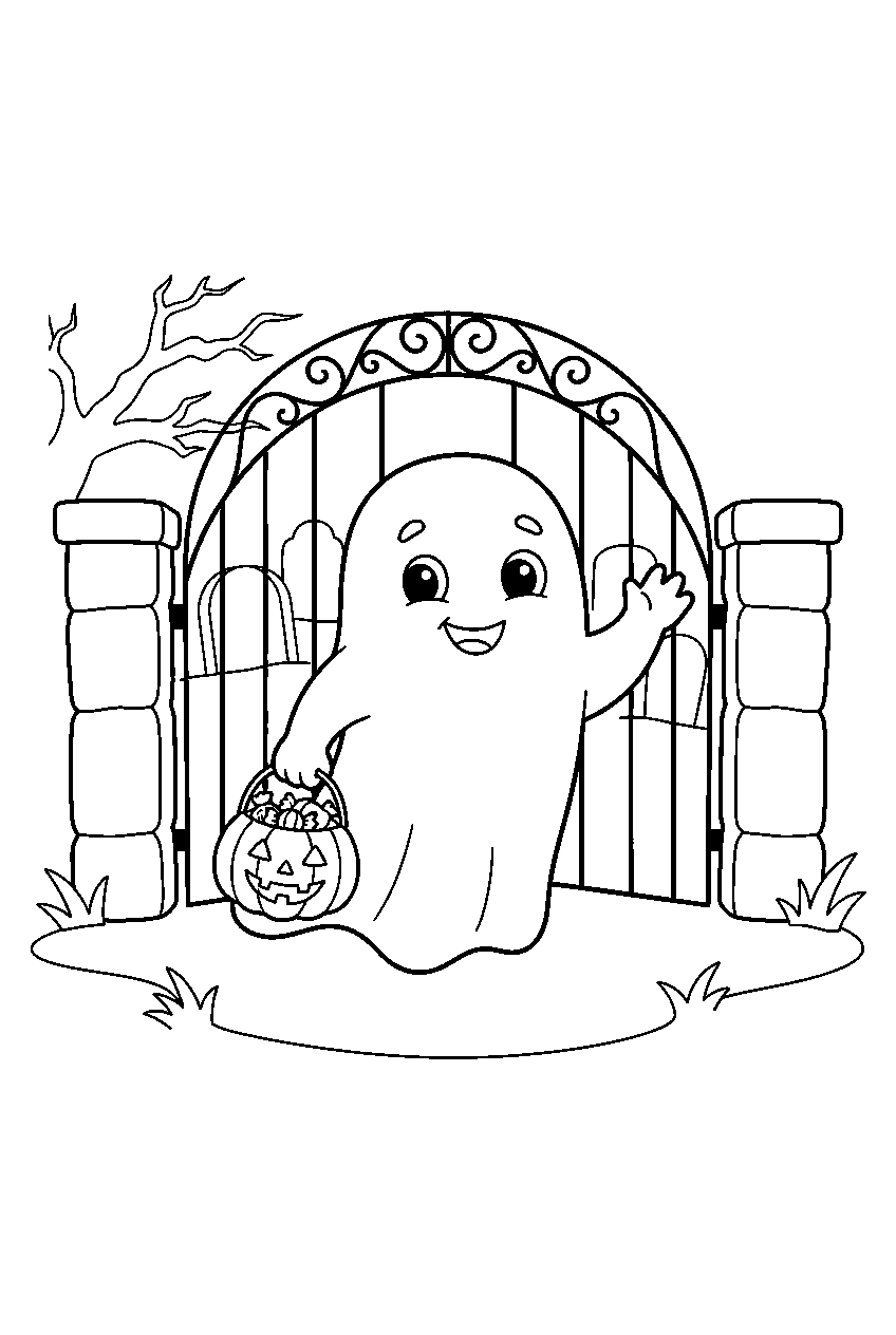 halloween ghost carrying candy basket near graveyard gate line art