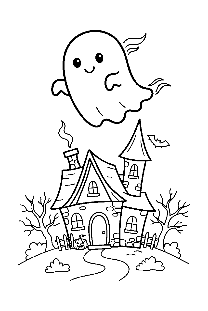 halloween ghost floating above haunted house line art