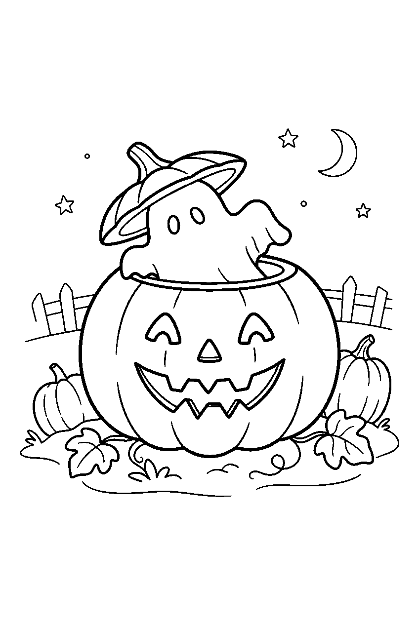 halloween ghost hiding inside jack o lantern in pumpkin patch line art