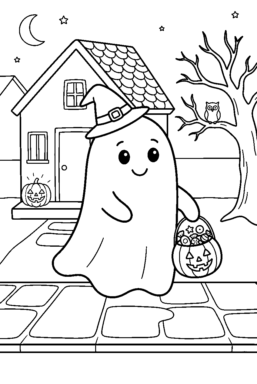 halloween ghost trick or treating on neighborhood street line art