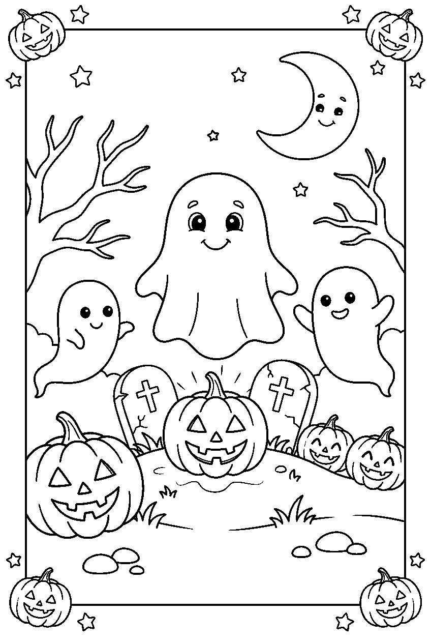 halloween graveyard with ghosts and jack o lanterns line art