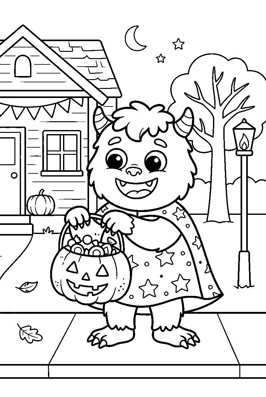 halloween monster trick or treating on neighborhood street line art
