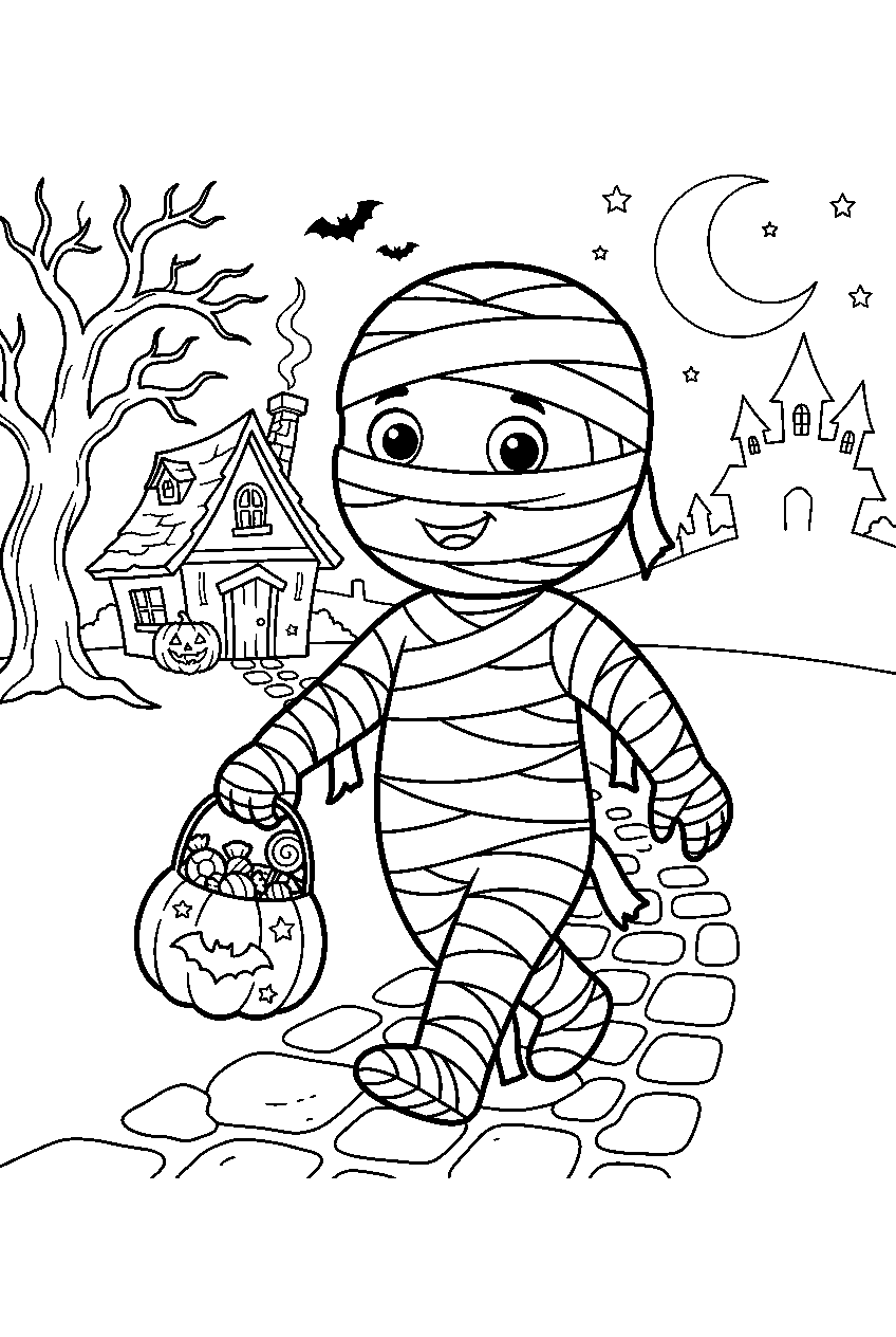 halloween mummy carrying candy bucket in haunted village line art