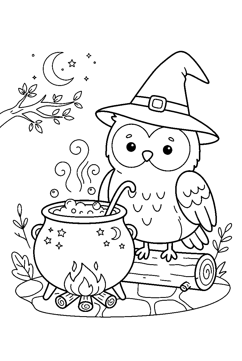 halloween owl wearing witch hat near cauldron line art