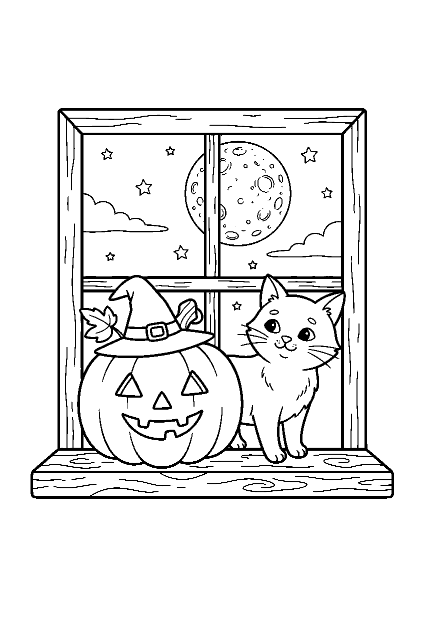 halloween pumpkin and cat at moonlit window line art