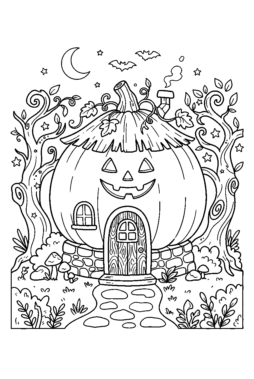 halloween pumpkin house in enchanted forest line art
