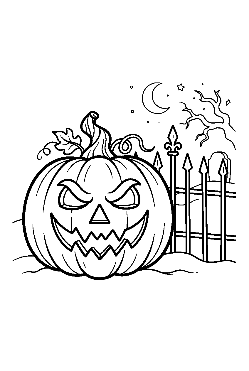 halloween pumpkin with scary face beside cemetery fence line art