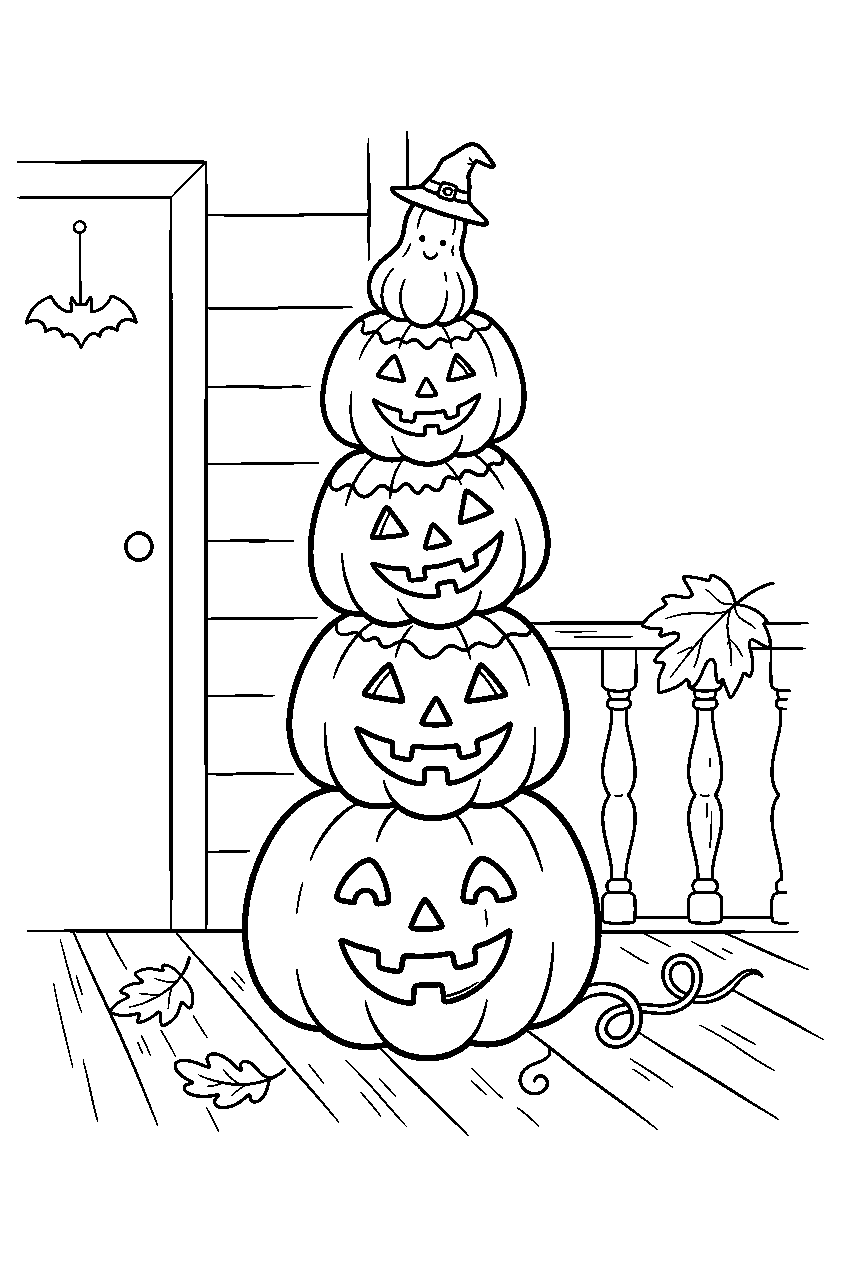 halloween pumpkins stacked on autumn porch line art
