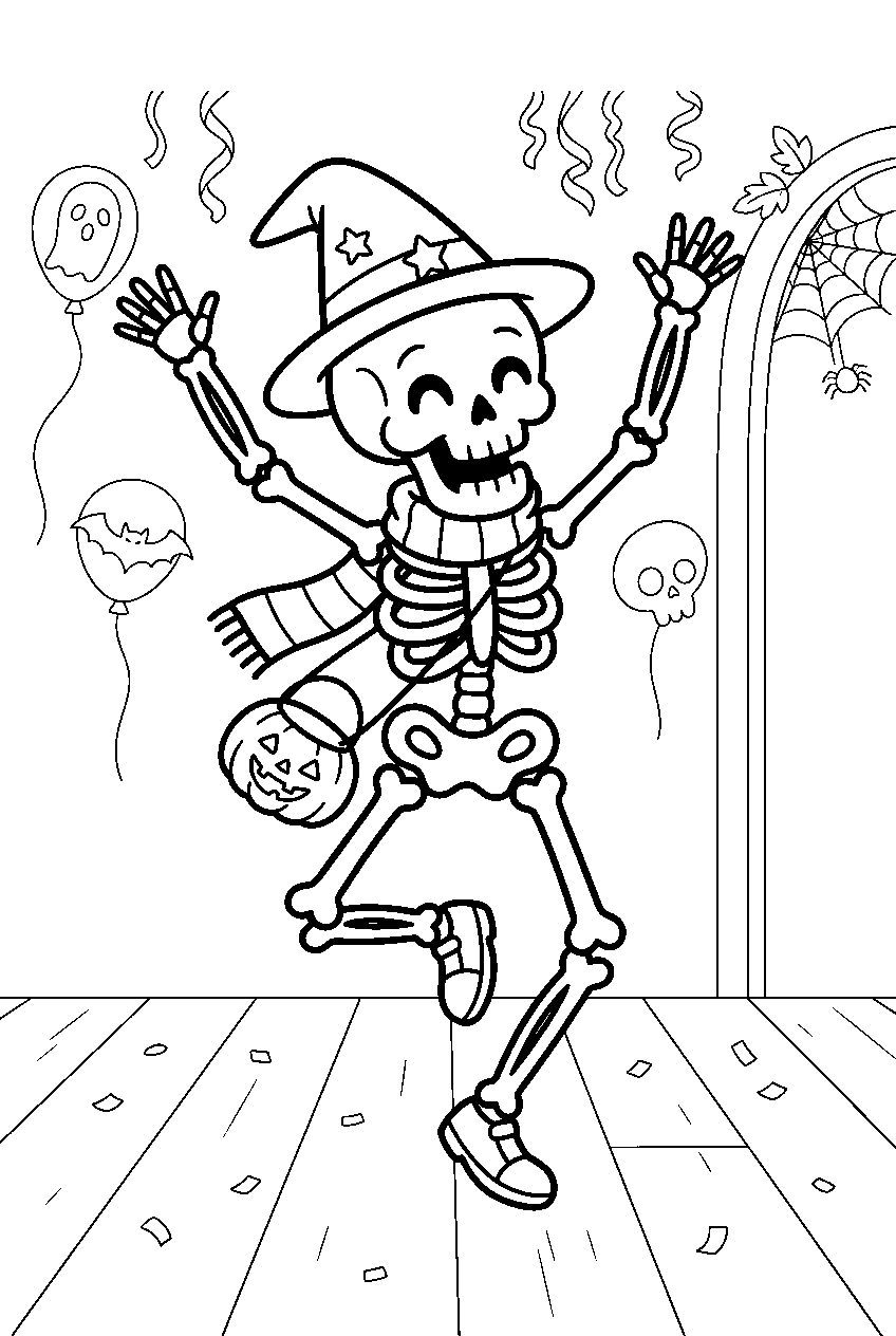 halloween skeleton dancing at costume party line art