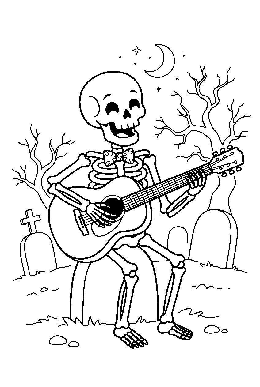 halloween skeleton playing guitar in graveyard line art