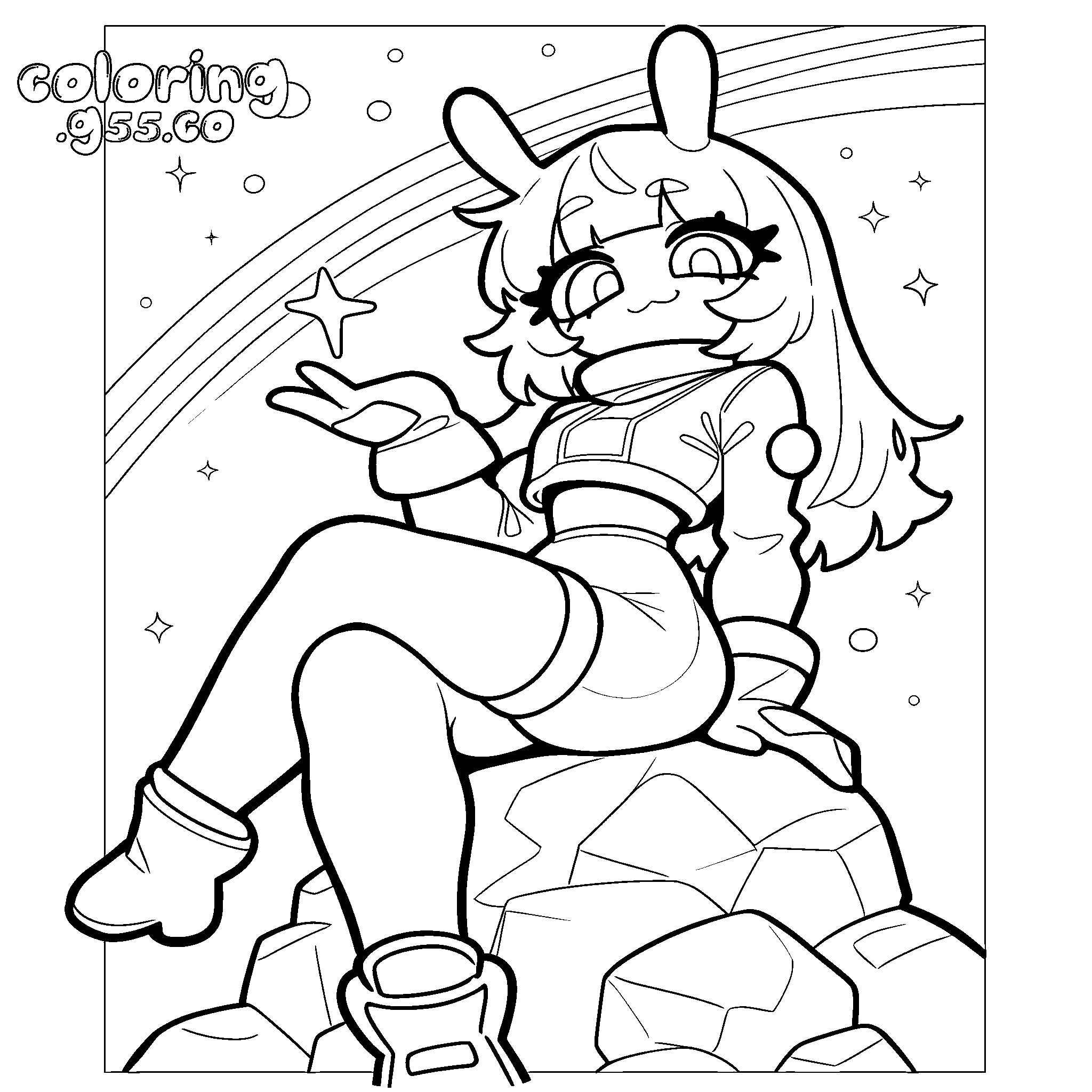 halloween space bunny girl line art for kids