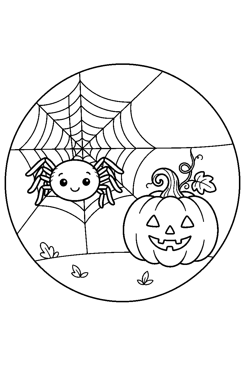 halloween spider on web beside pumpkin line art