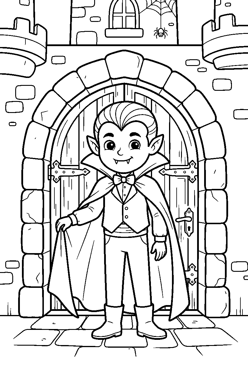 halloween vampire standing at castle entrance line art