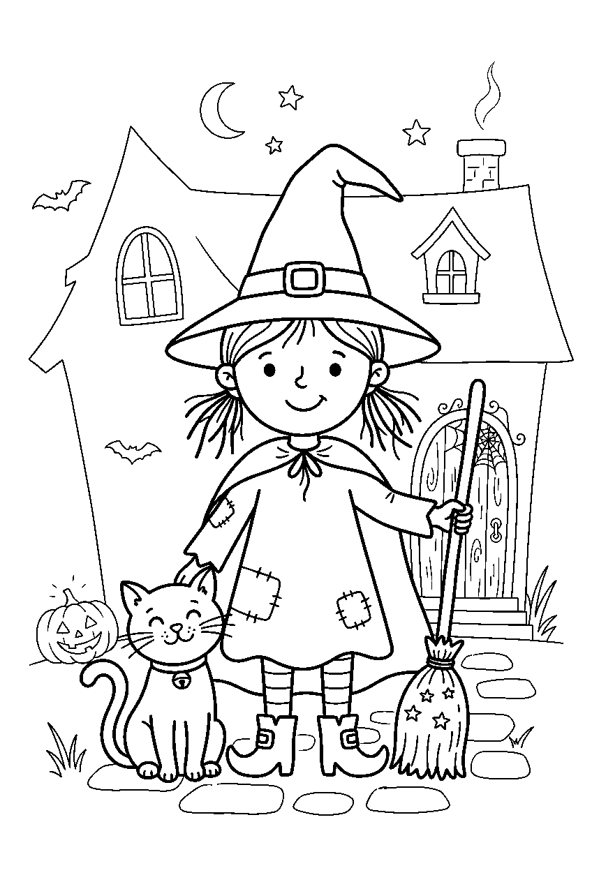 halloween witch and cat at haunted house line art