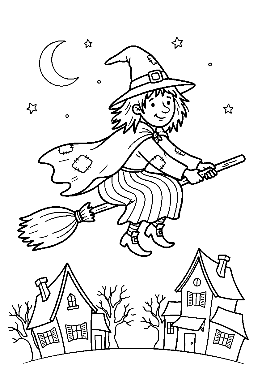 halloween witch flying broom above haunted village line art