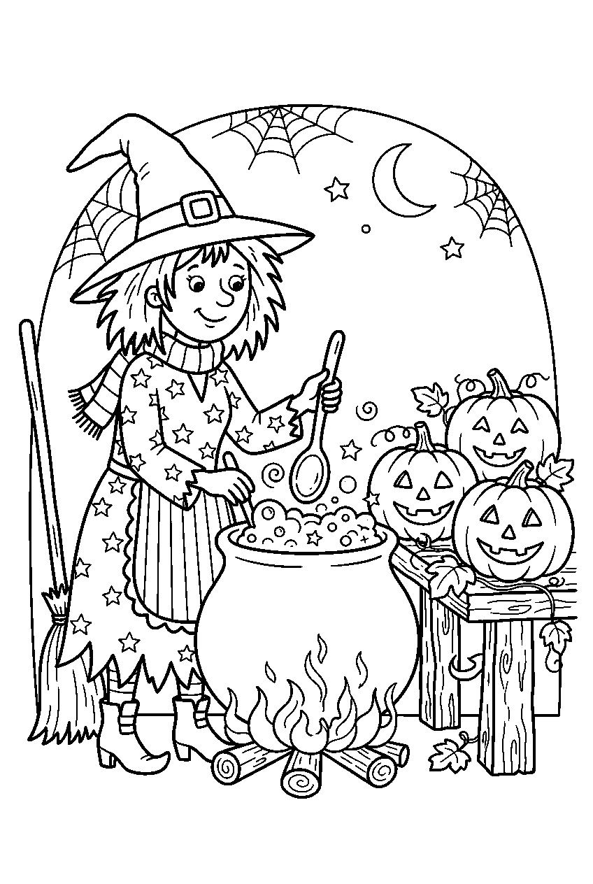 halloween witch making potion beside pumpkins line art