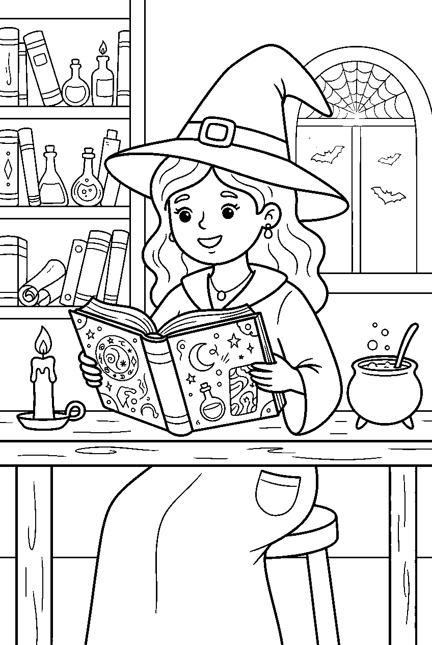 halloween witch reading spell book in magic library line art