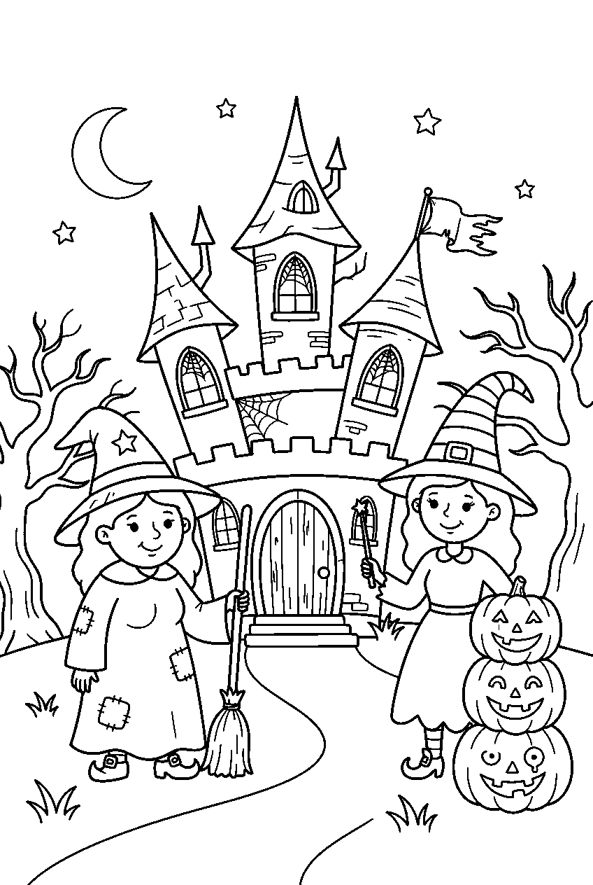 haunted castle with witches and jack o lanterns line art