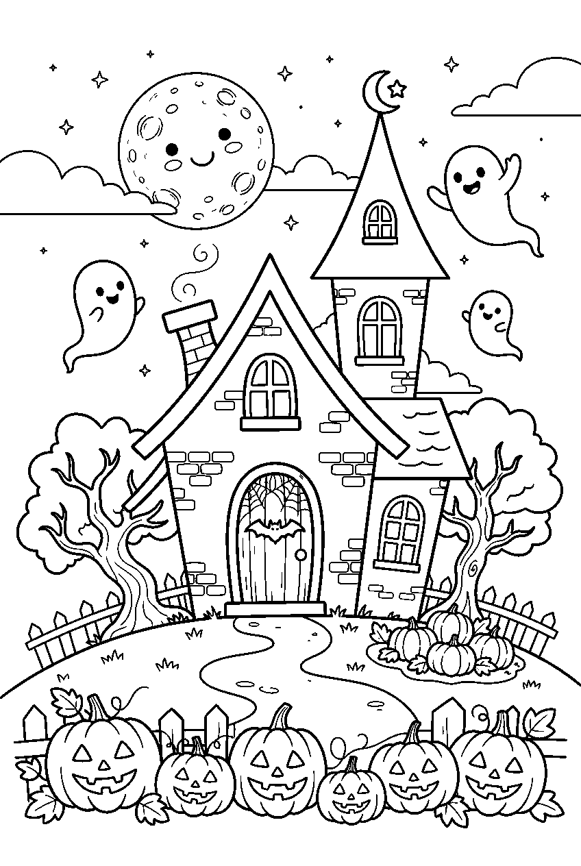 haunted house with ghosts and pumpkins under full moon line art