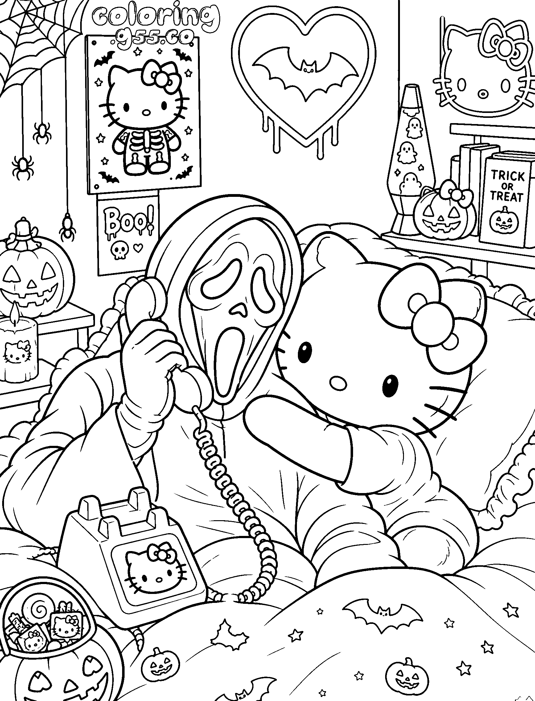 Host Coloring Hello Kitty and Ghostface Halloween Printable Coloring Page