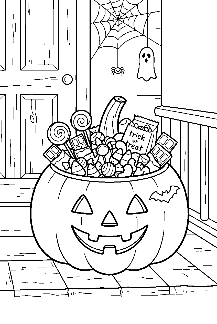 jack o lantern filled with candy at trick or treat porch line art