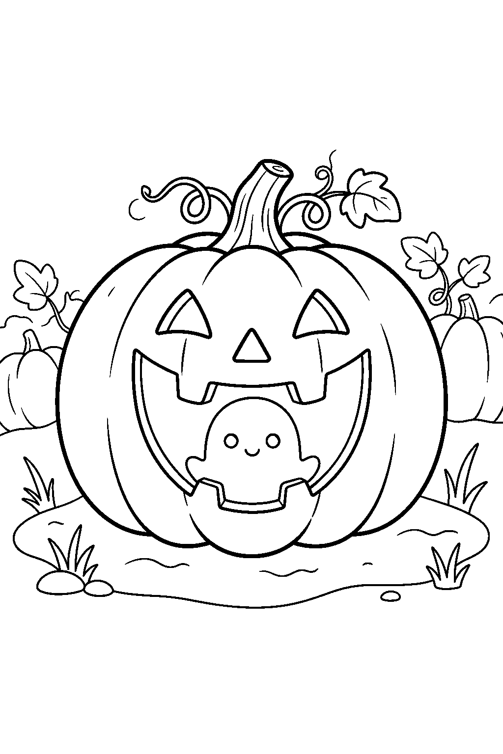 jack o lantern with ghost inside pumpkin patch line art