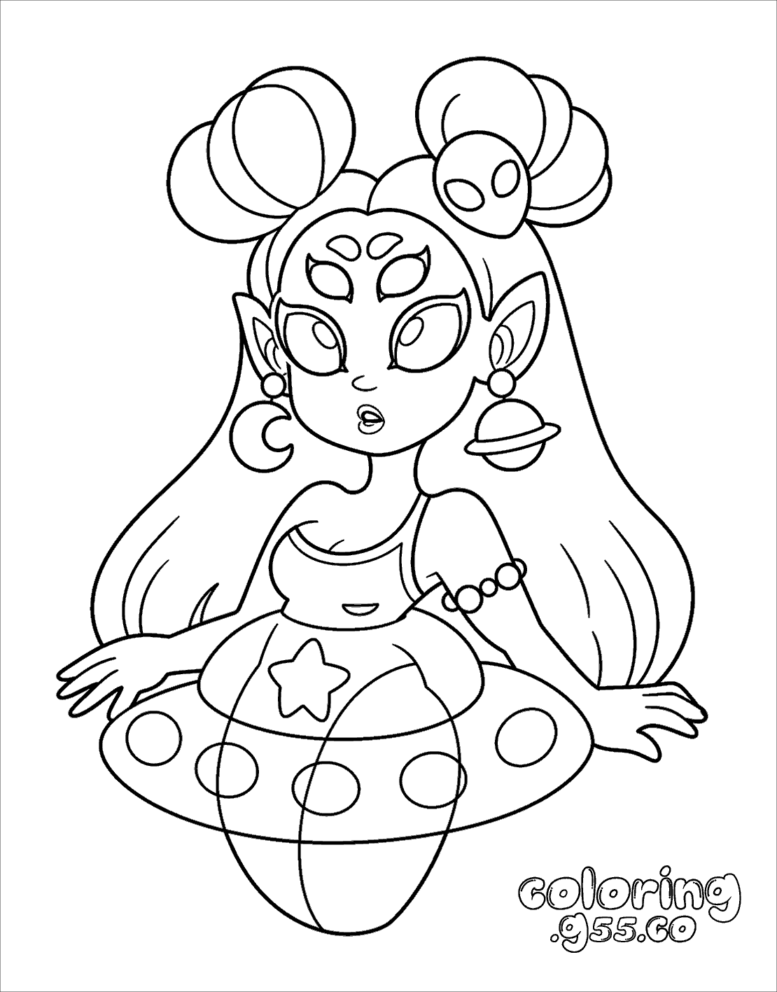 kawaii alien ufo space girl halloween line art for kids