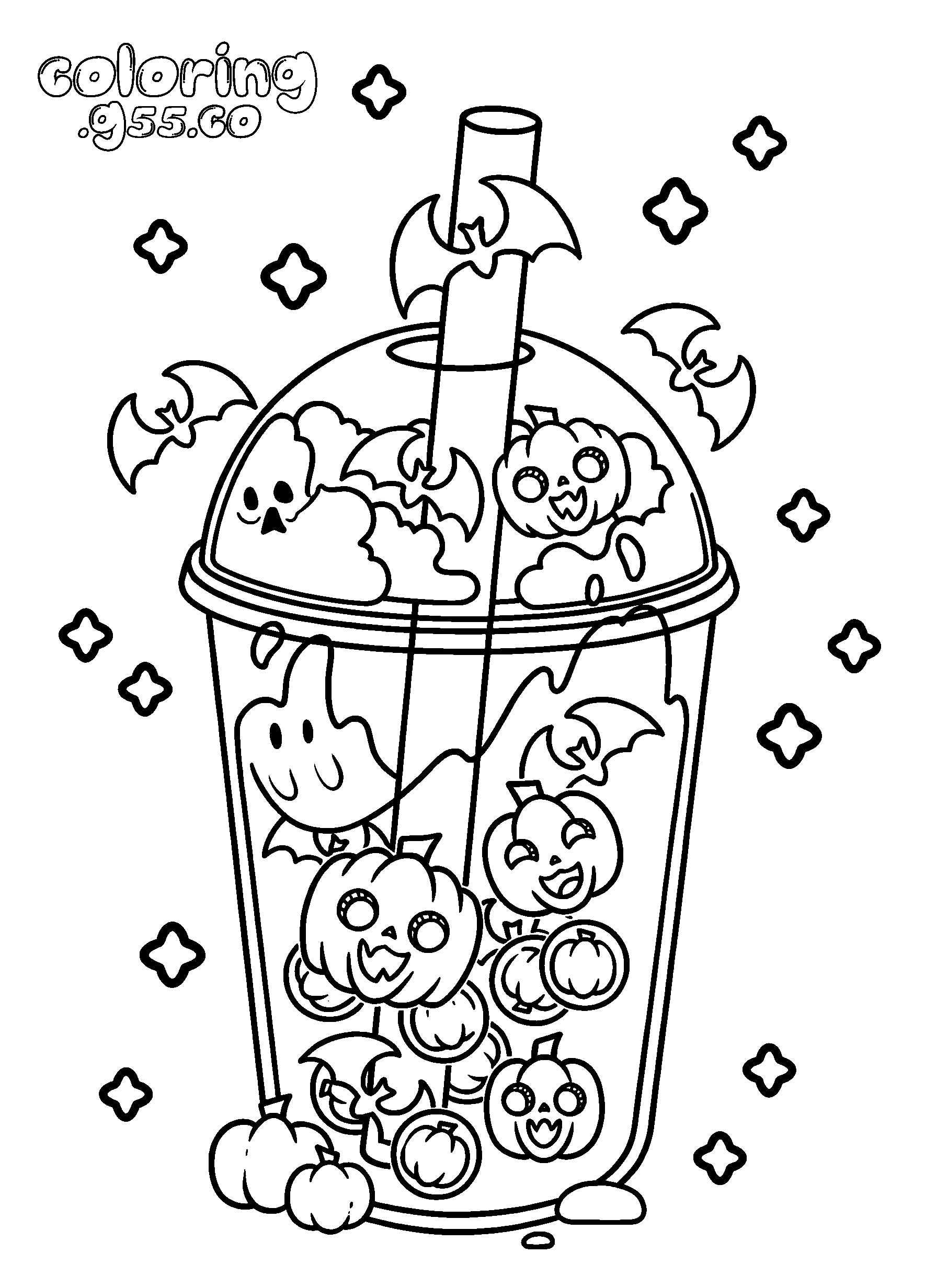 kawaii halloween boba tea line art for kids