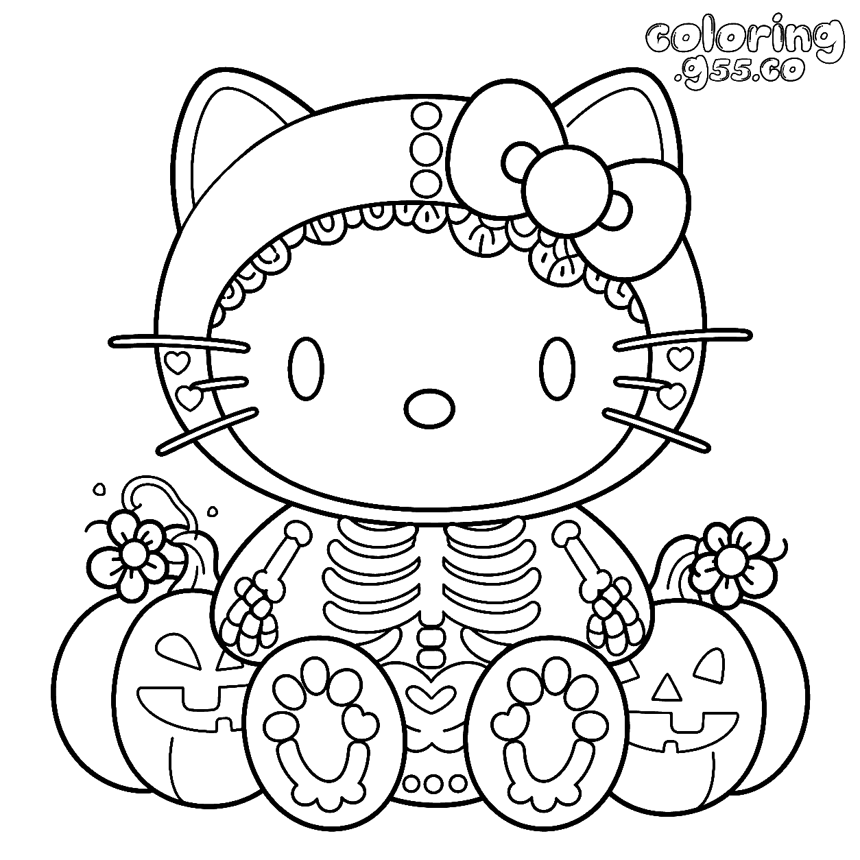 kawaii hello kitty skeleton pumpkin line art for kids