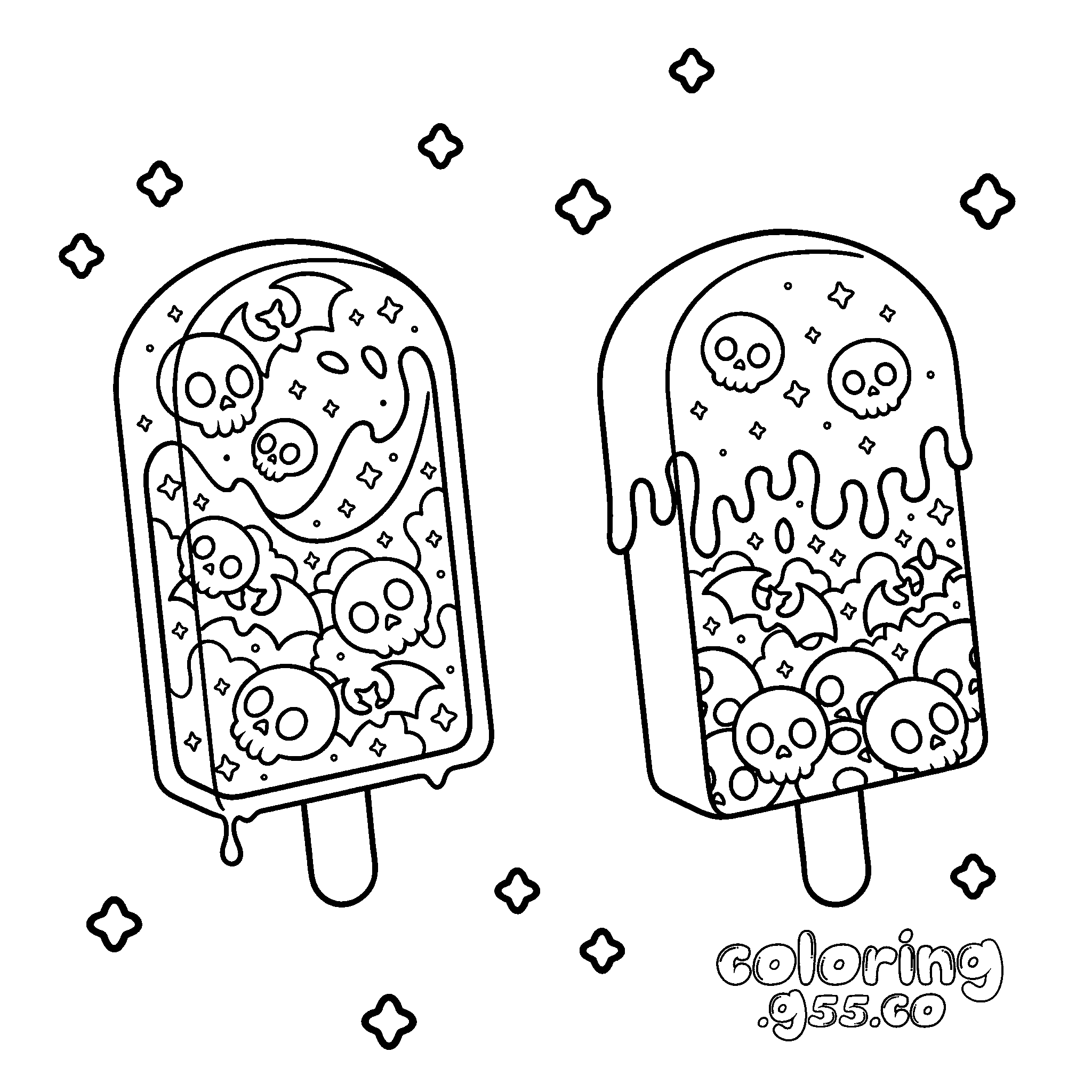 kawaii skull halloween ice cream popsicle line art for kids