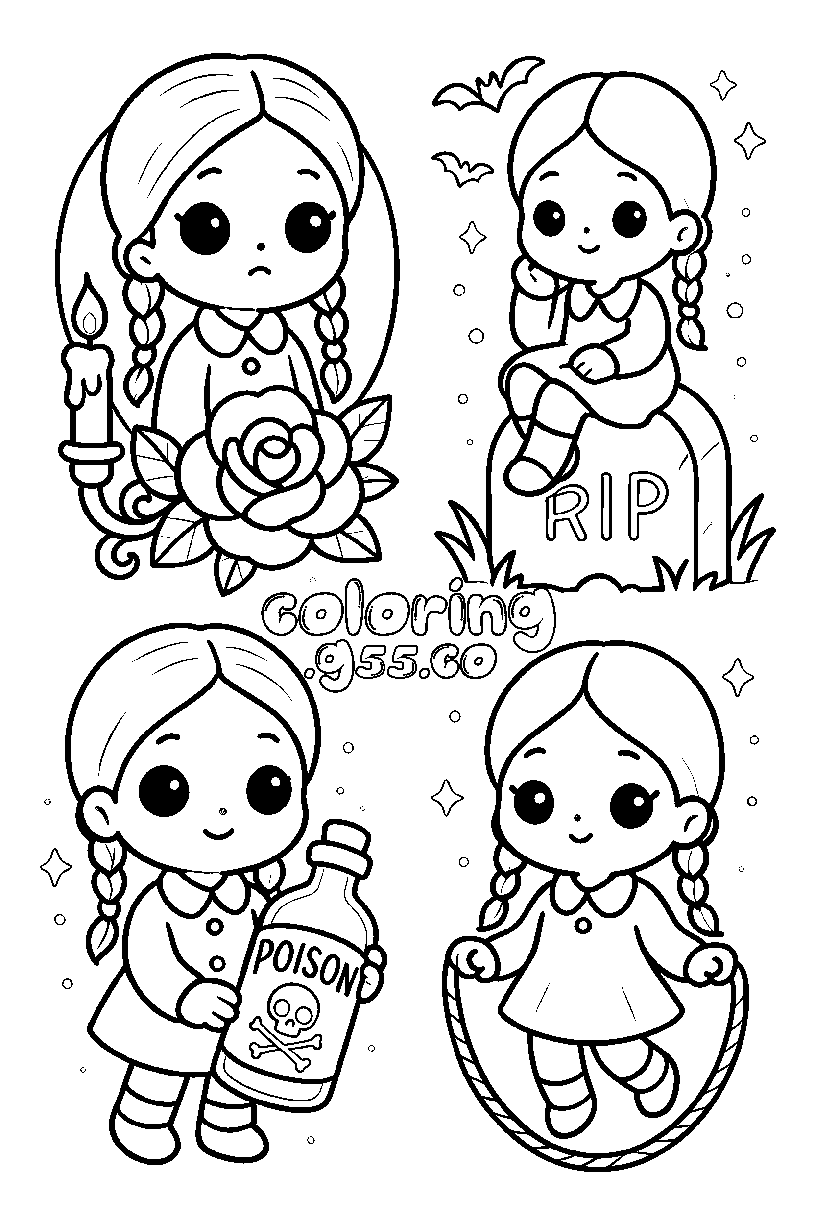 kawaii wednesday addams line art for kids