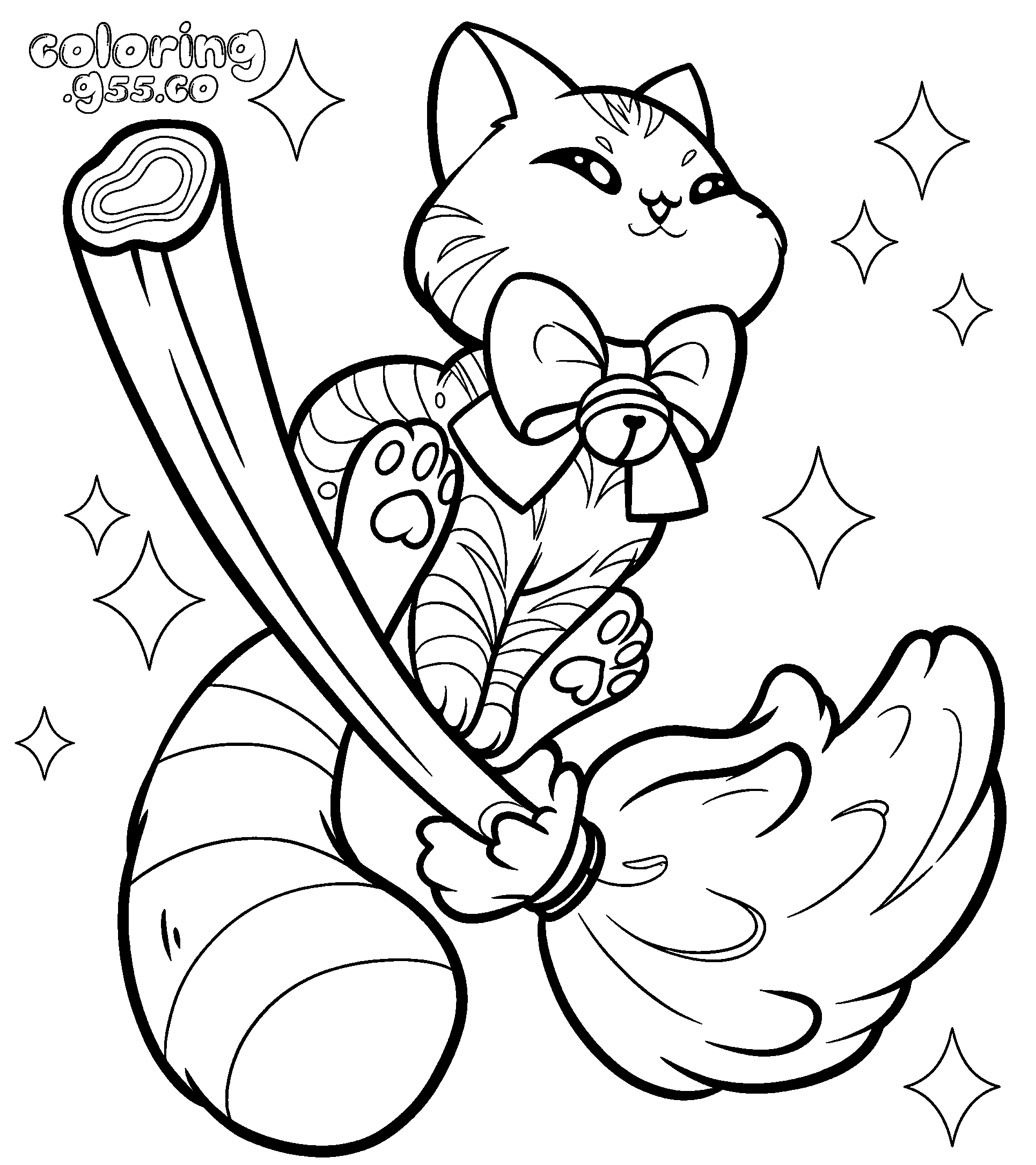kawaii witch cat flying broom line art for kids