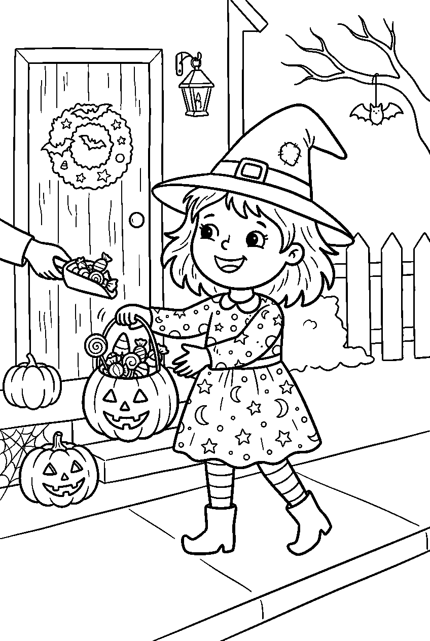 little halloween witch collecting candy on trick or treat street line art