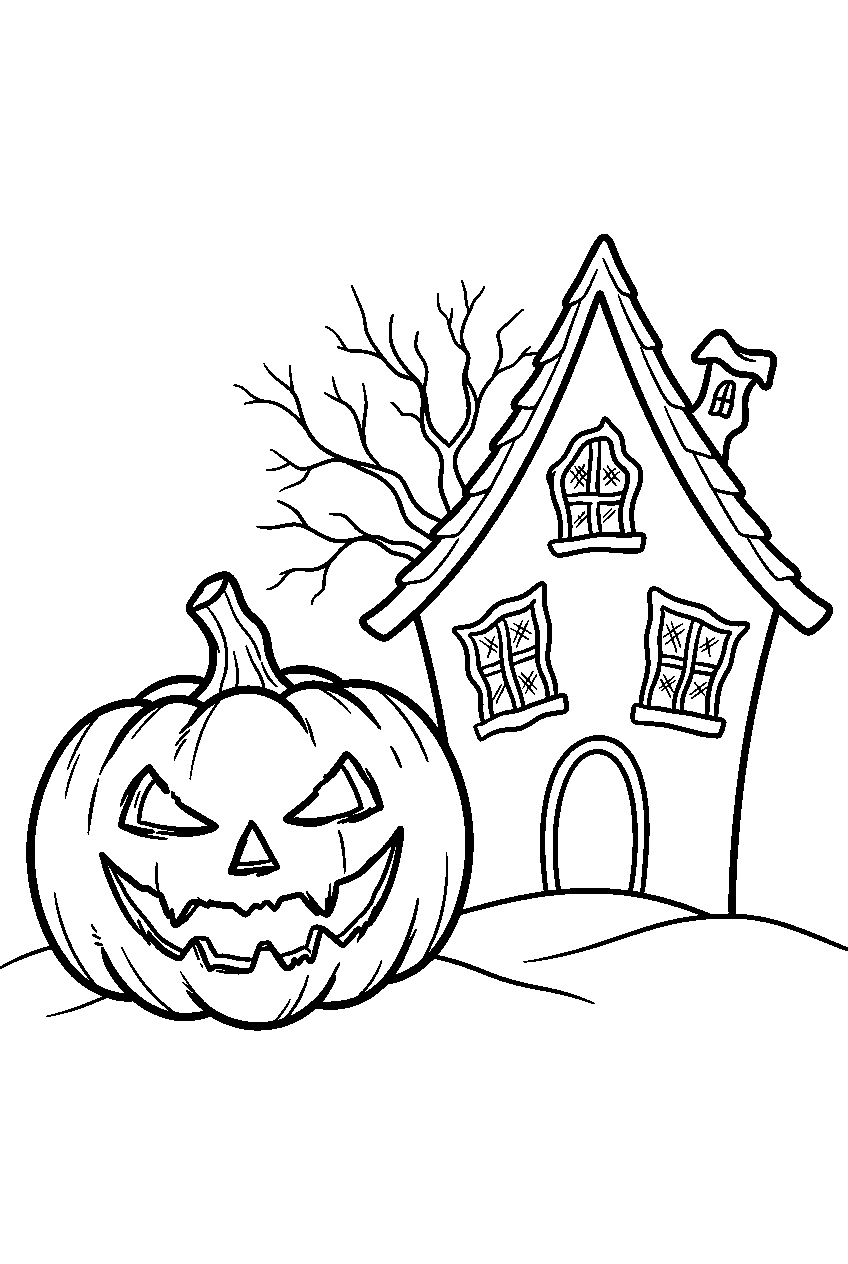 scary jack o lantern beside haunted house line art