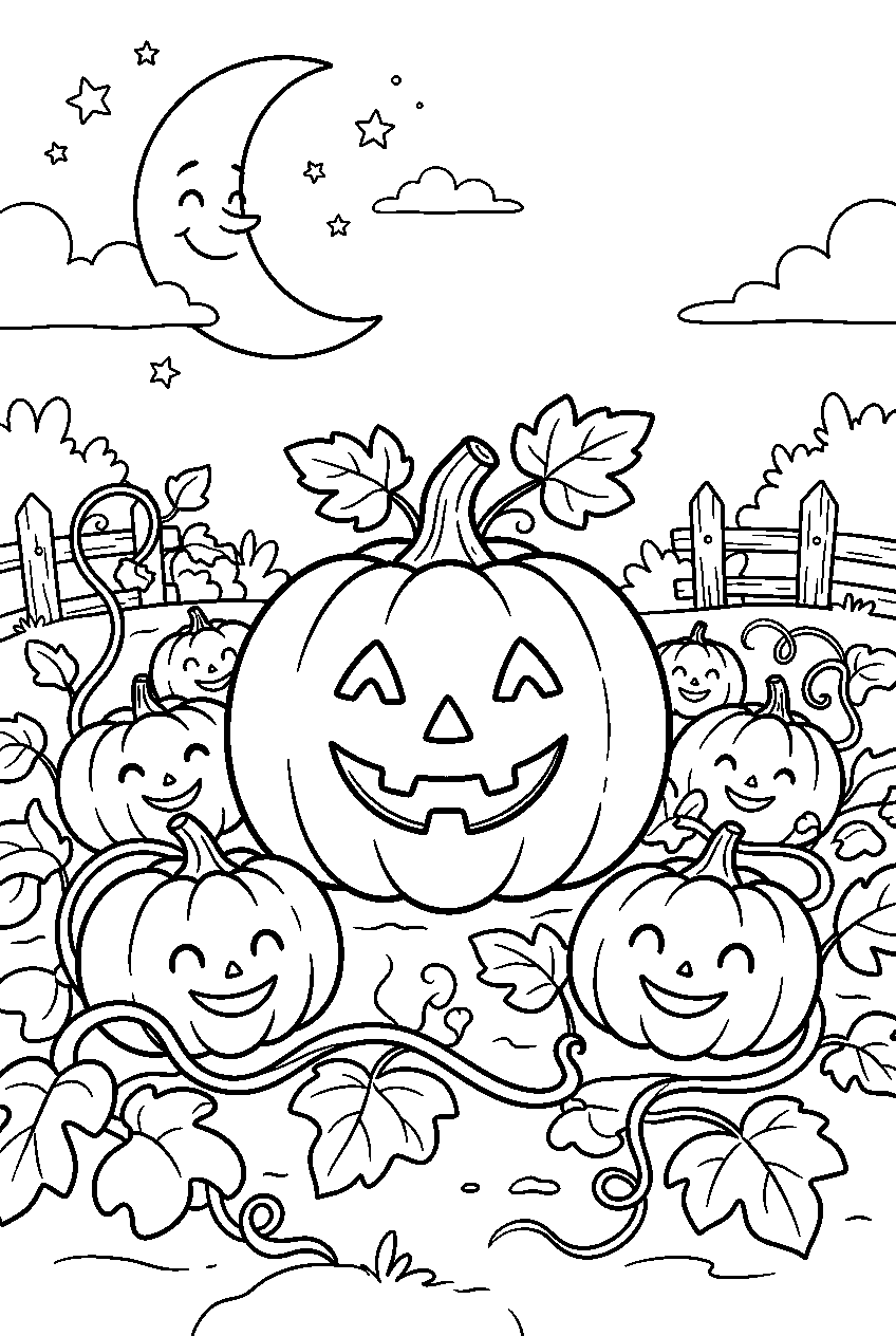 smiling halloween pumpkins in moonlit pumpkin patch line art