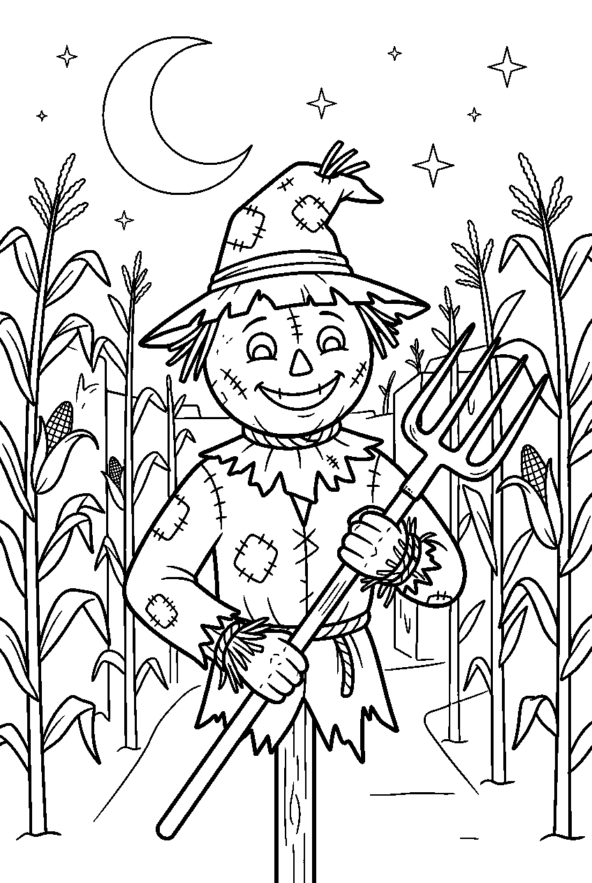 spooky halloween scarecrow in moonlit corn maze line art