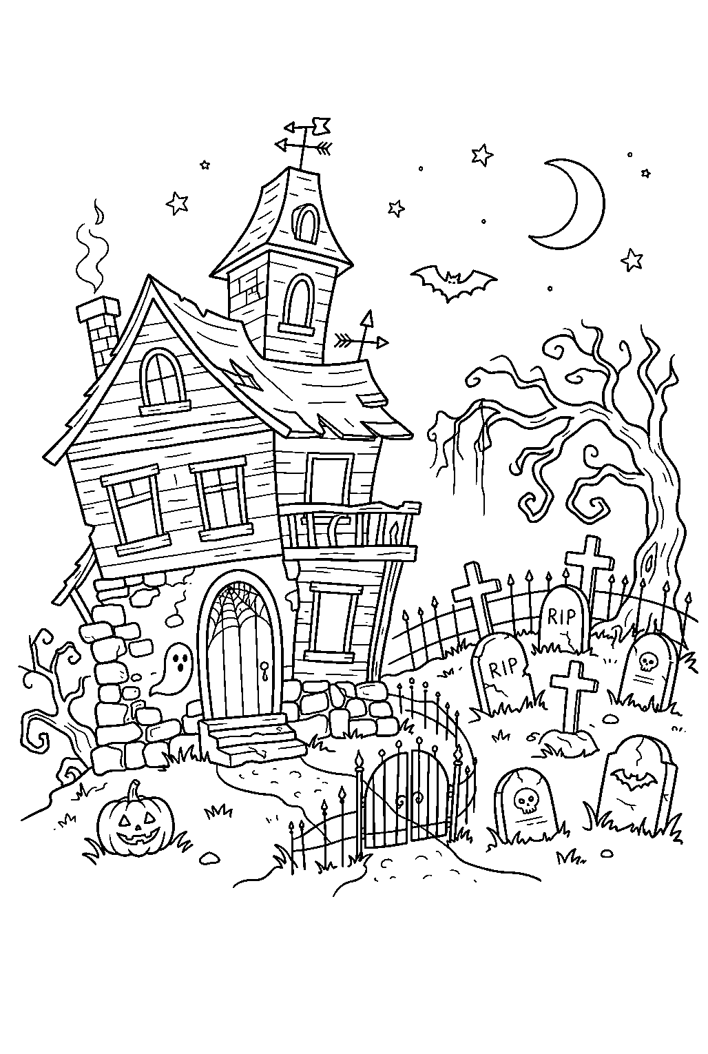 spooky haunted house beside graveyard line art