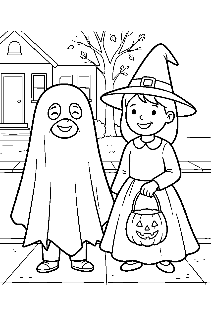 trick or treat children wearing ghost and witch costumes on street line art