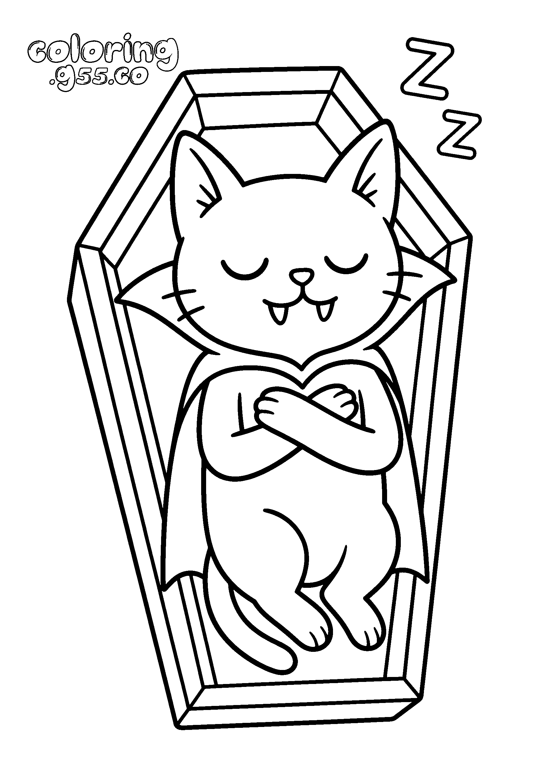 vampire cat in coffin line art