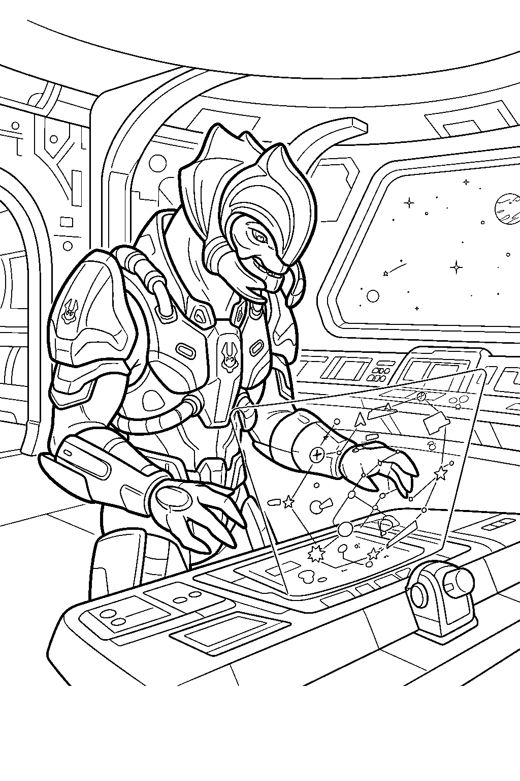 halo arbiter aboard covenant cruiser reviewing star maps line art