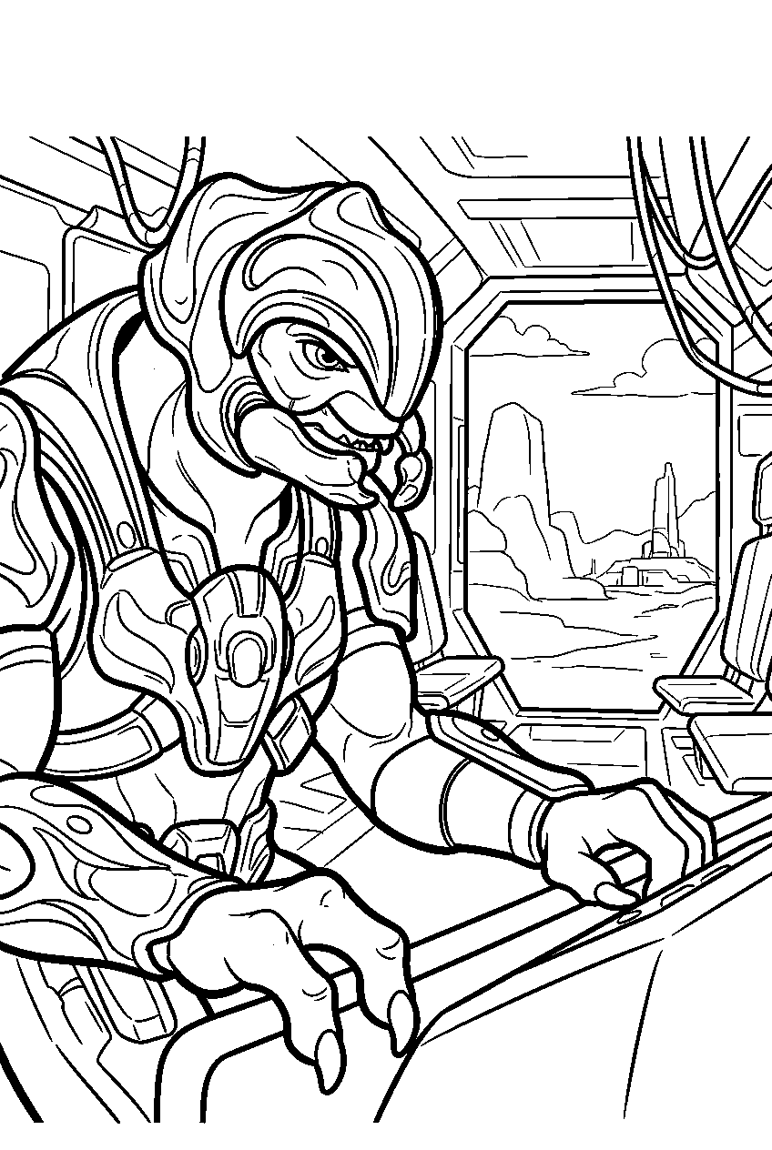 halo arbiter aboard phantom dropship preparing to land line art