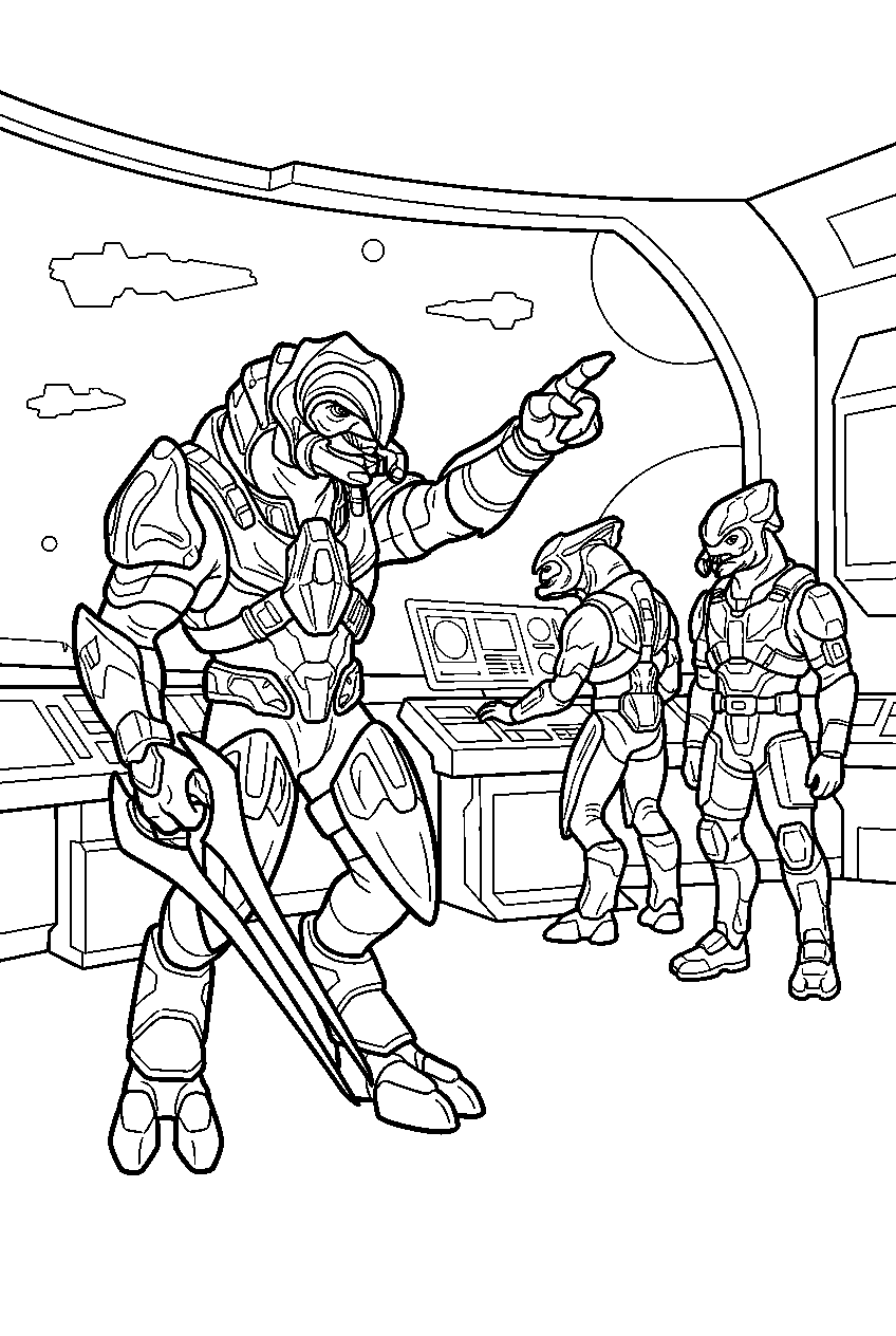 halo arbiter aboard shadow of intent commanding warriors line art